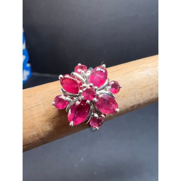 Vintage ruby flower cluster sterling silver ring size 7 - Picture 9 of 16